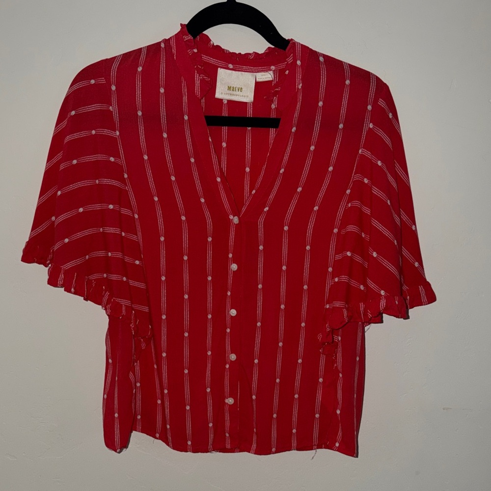 Anthropologie Red Striped V-Neck Button Blouse
